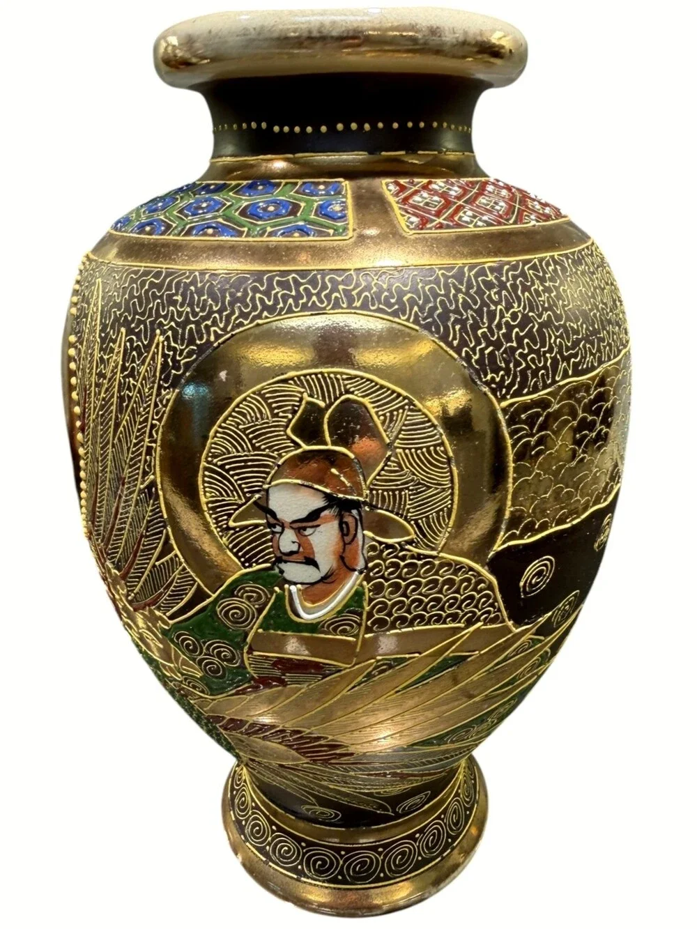 Vintage Japanese Satsuma Moriage Samurai Figural Vase 10